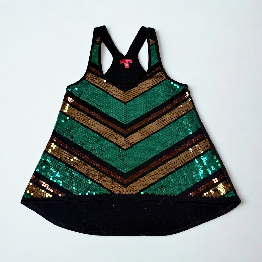 Bongo Sequin Tank Top Women M Green Gold Mardi Gras‎ Chevron Racerback High Low